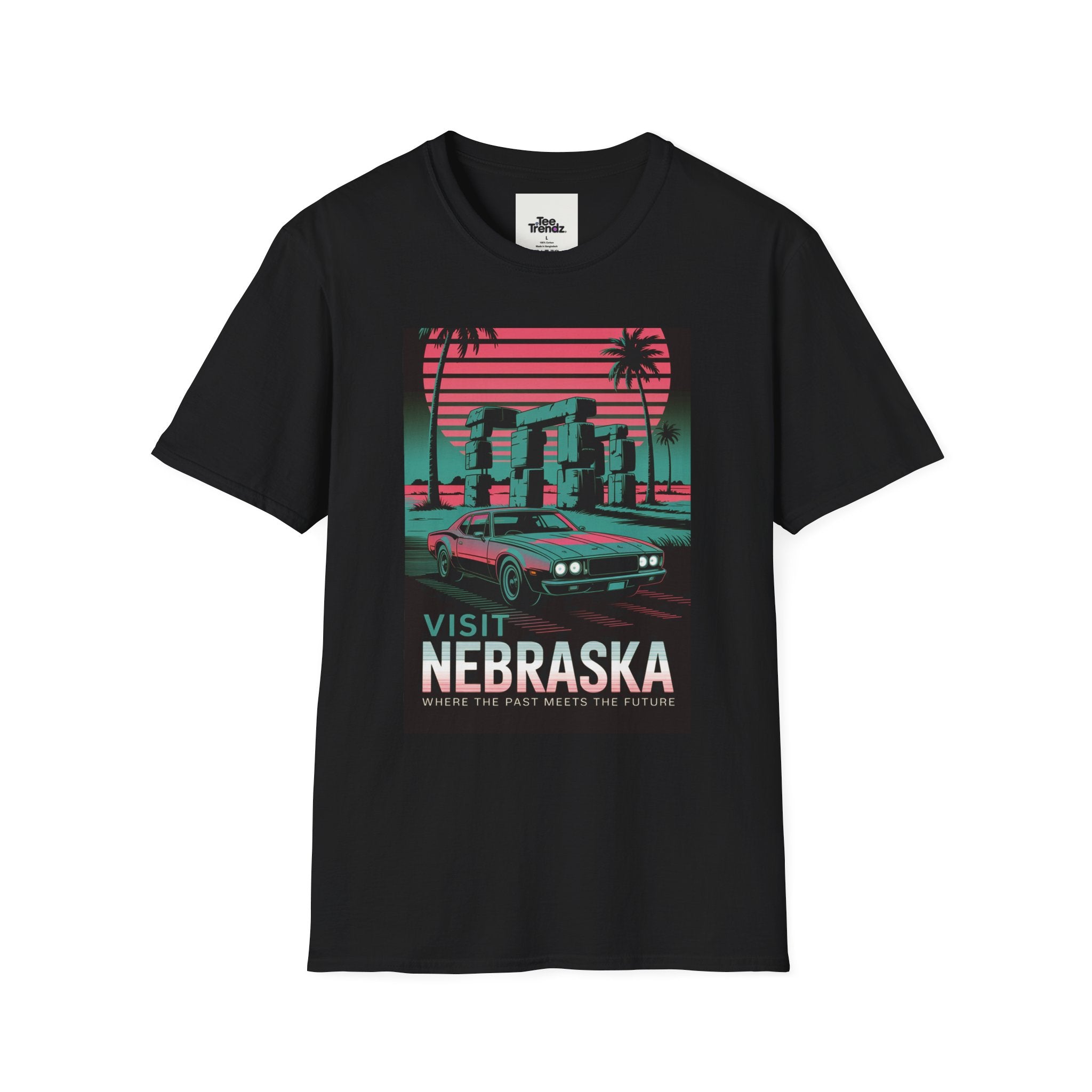 Visit Nebraska Retro T-Shirt — Neon Vintage Roadtrip Poster Design
