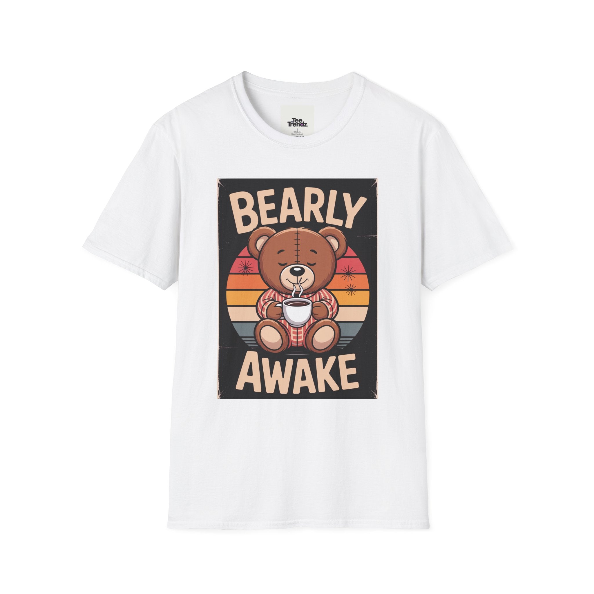 Bearly Awake T‑Shirt — Cute Coffee Bear Vintage Sunset Tee