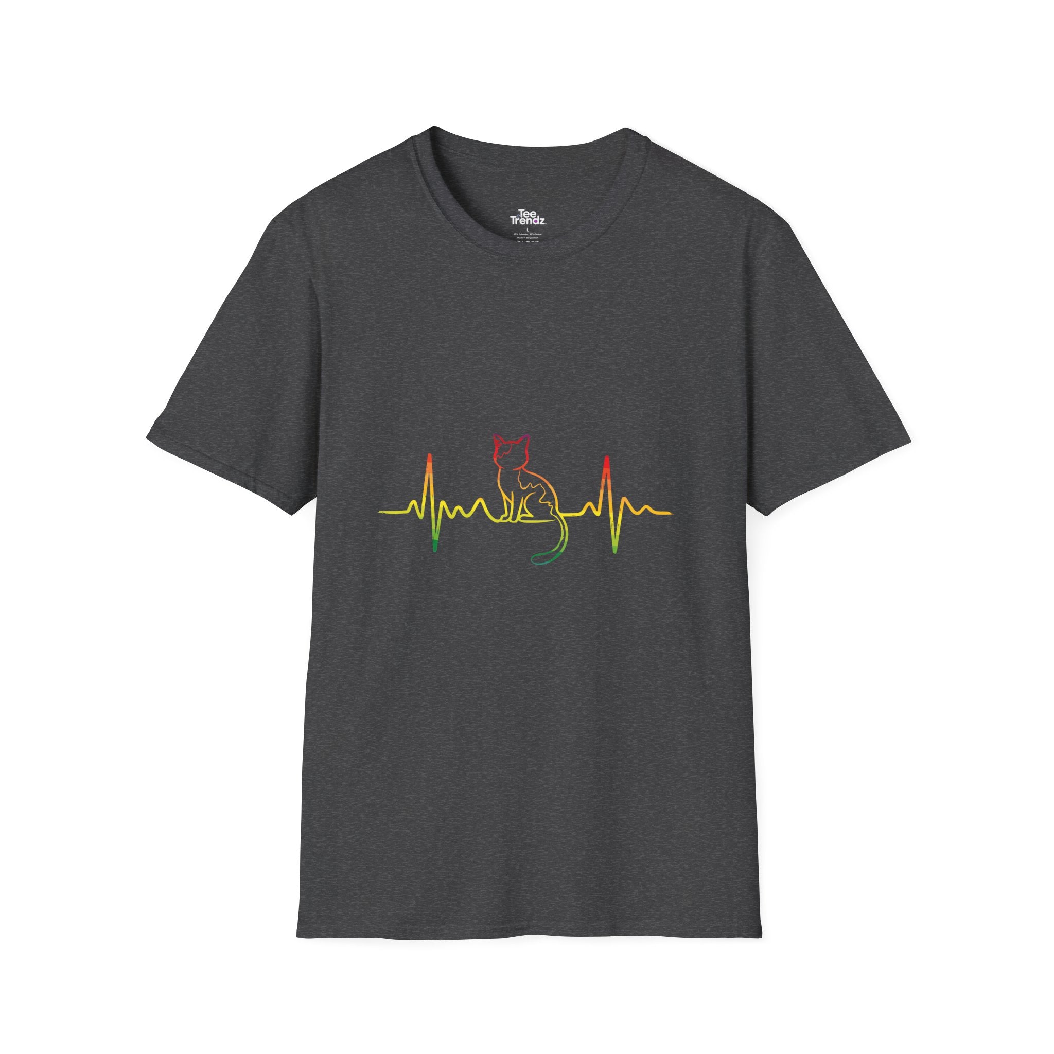 Cat Heartbeat T-Shirt — Rasta Outline Cat EKG Tee