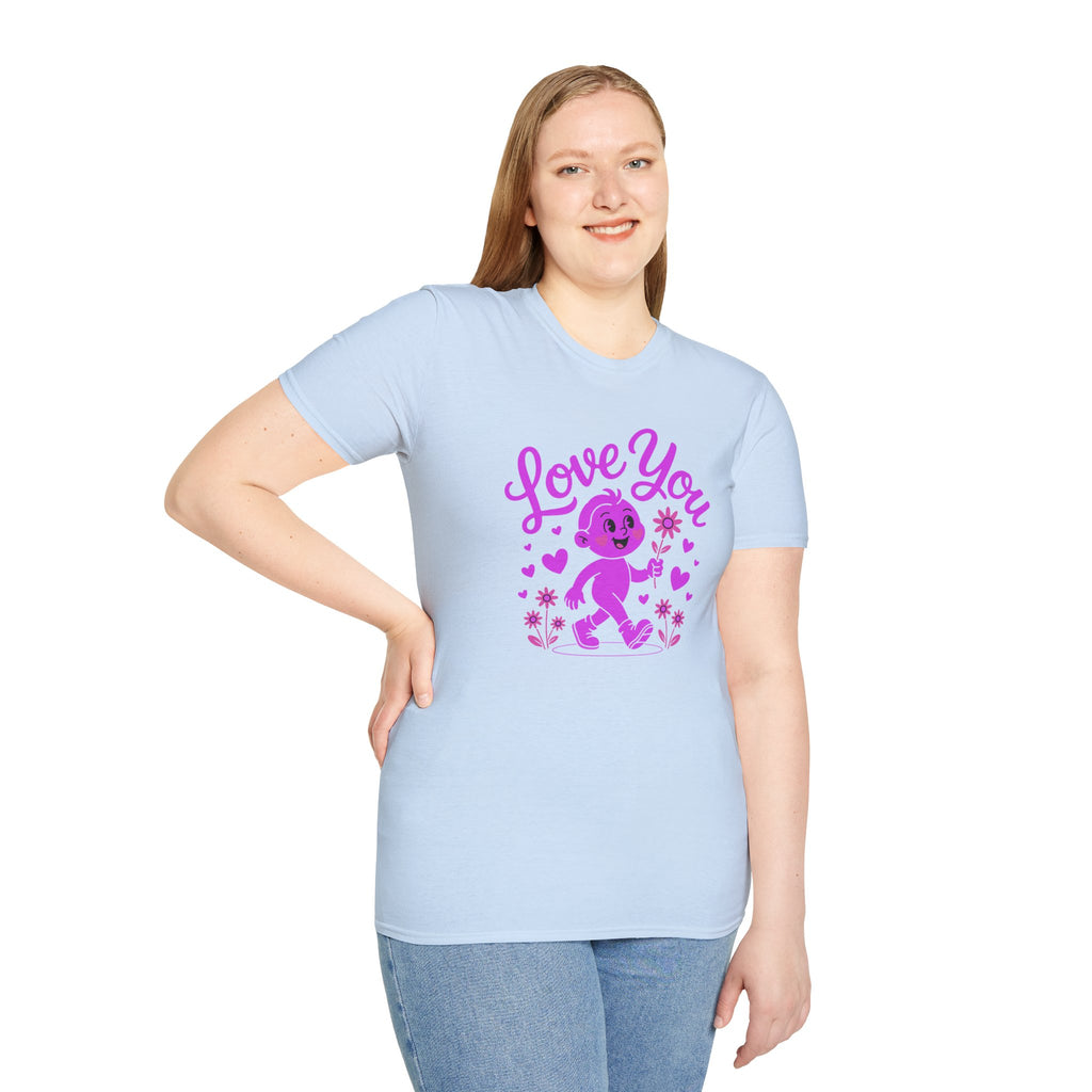 Love You Cute Character T-Shirt — Retro Pink Heart Cartoon Graphic Tee for Valentine’s Day