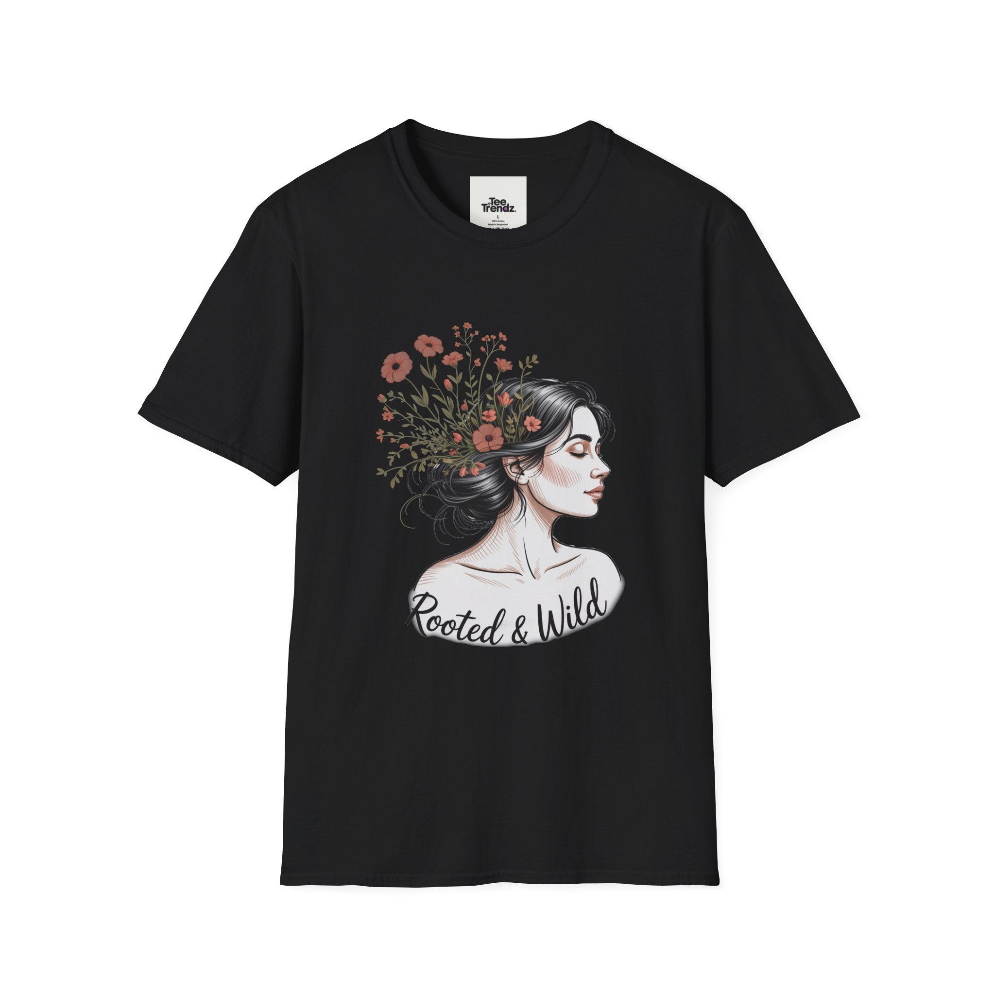 T-Shirt — "Rooted & Wild" Floral Woman Illustration | Boho Nature Tee for Women
