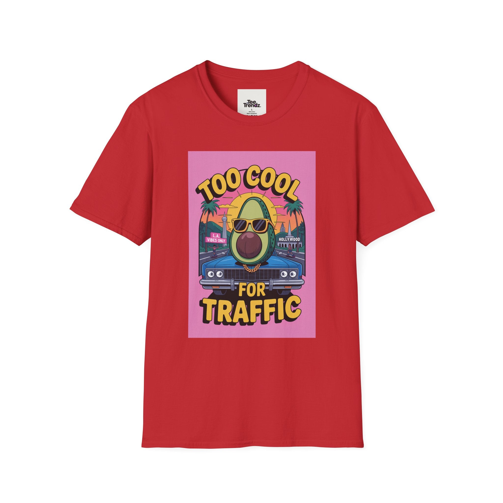 Too Cool for Traffic Avocado Tee — Retro Beach Car Graphic T-Shirt