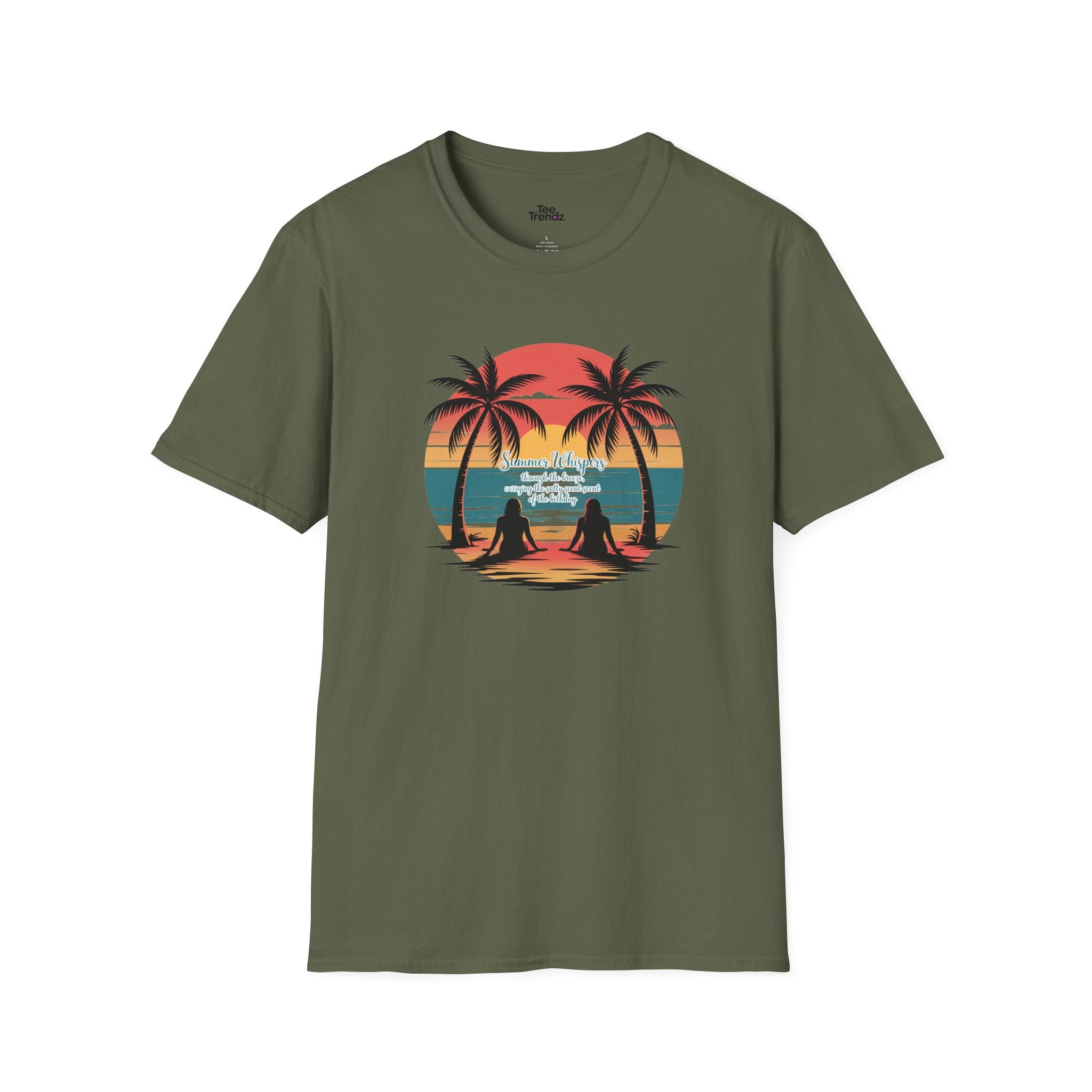 Beach Sunset T-Shirt — Couples Silhouette Palm Tree Graphic Tee (Vintage Rainbow Stripes)