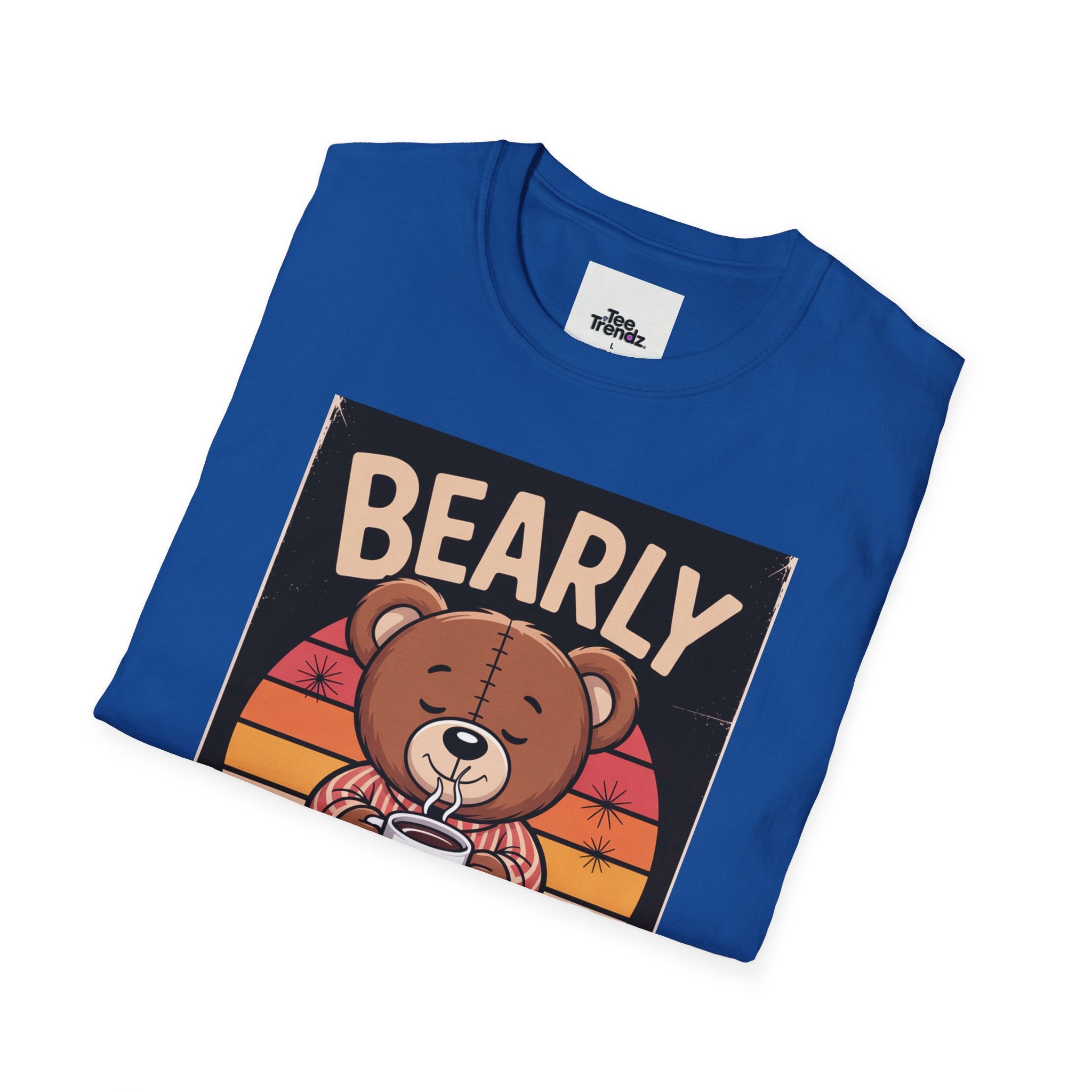 Bearly Awake T‑Shirt — Cute Coffee Bear Vintage Sunset Tee