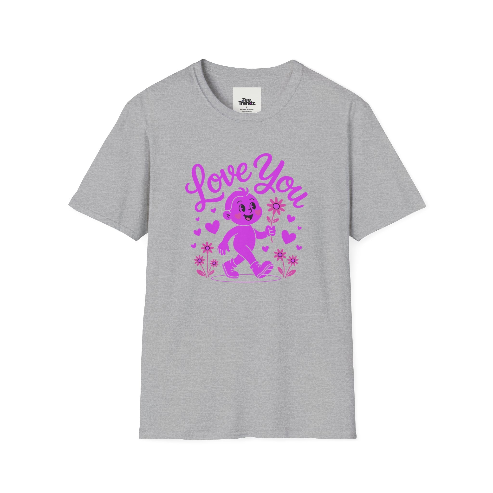 Love You Cute Character T-Shirt — Retro Pink Heart Cartoon Graphic Tee for Valentine’s Day