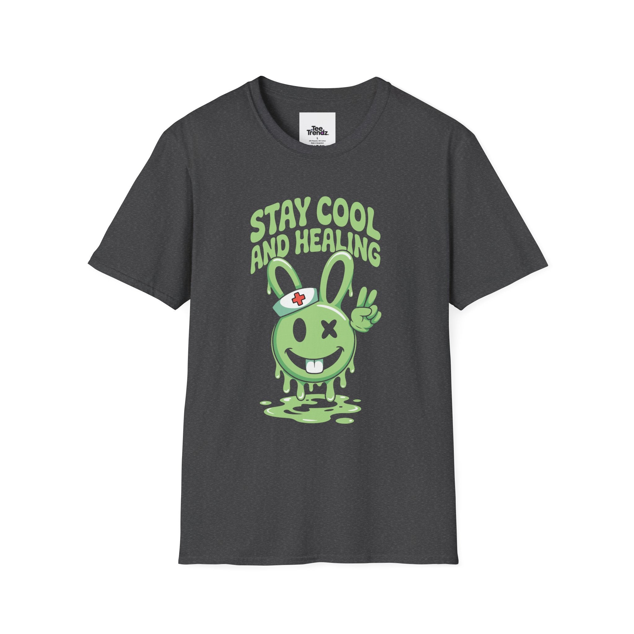 Stay Cool and Healing Graphic T-Shirt — Cute Green Bunny Peace Tee