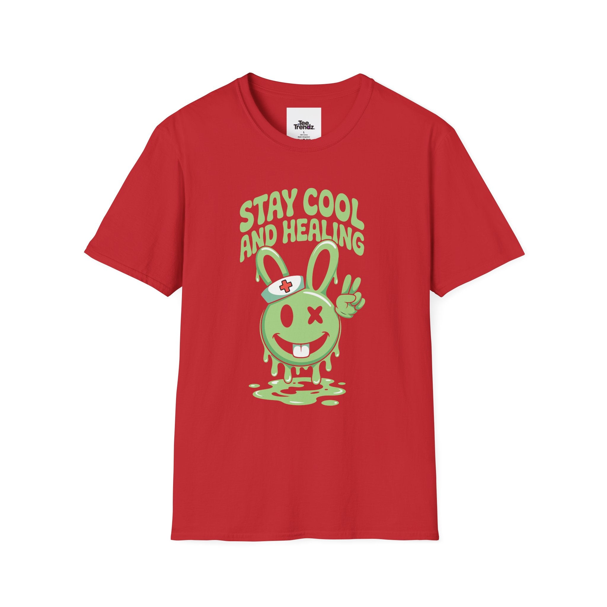 Stay Cool and Healing Graphic T-Shirt — Cute Green Bunny Peace Tee
