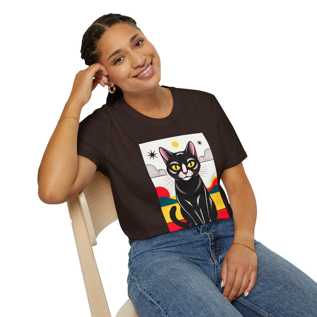 Black Cat Graphic T-Shirt — Retro Sunset Cat Illustration