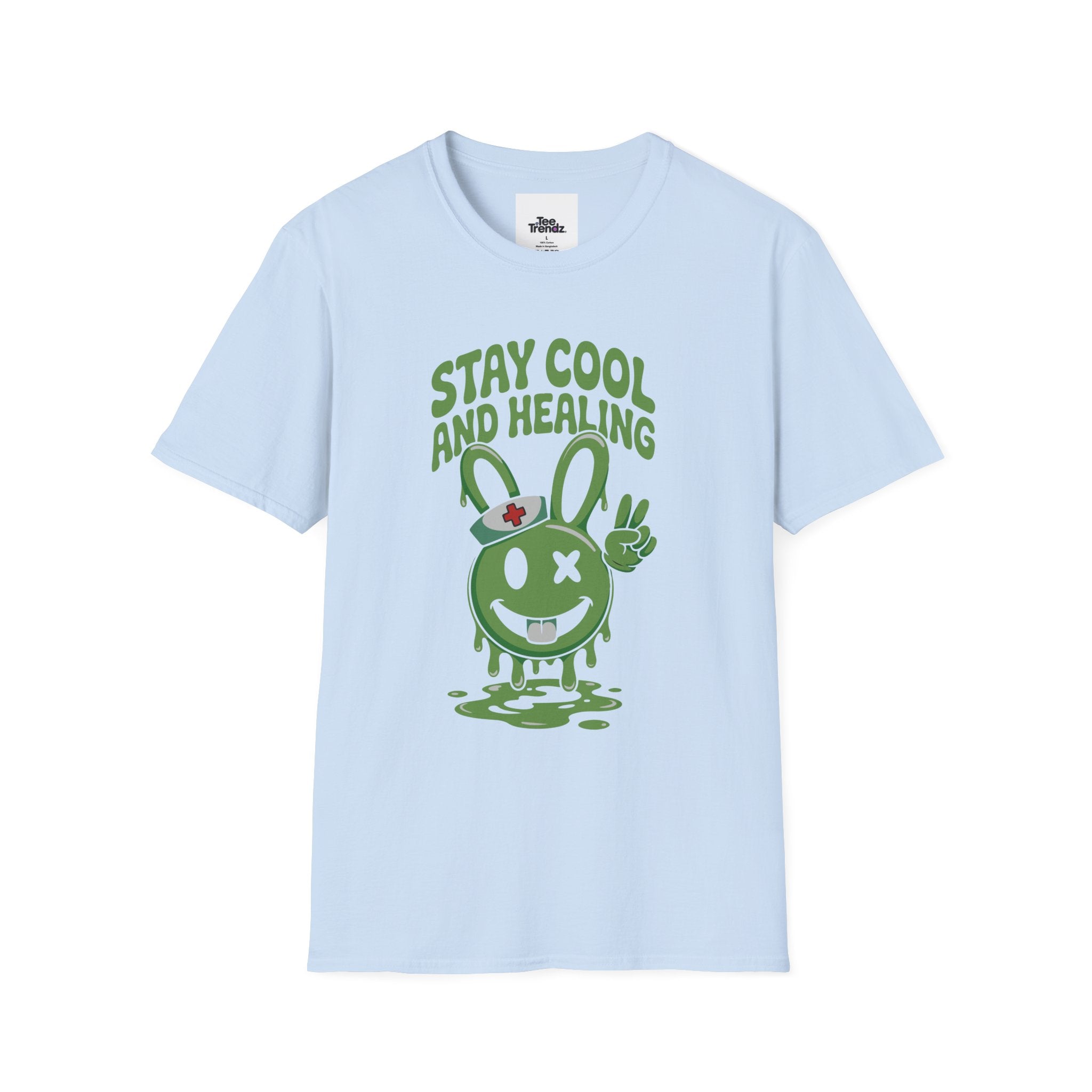 Stay Cool and Healing Graphic T-Shirt — Cute Green Bunny Peace Tee