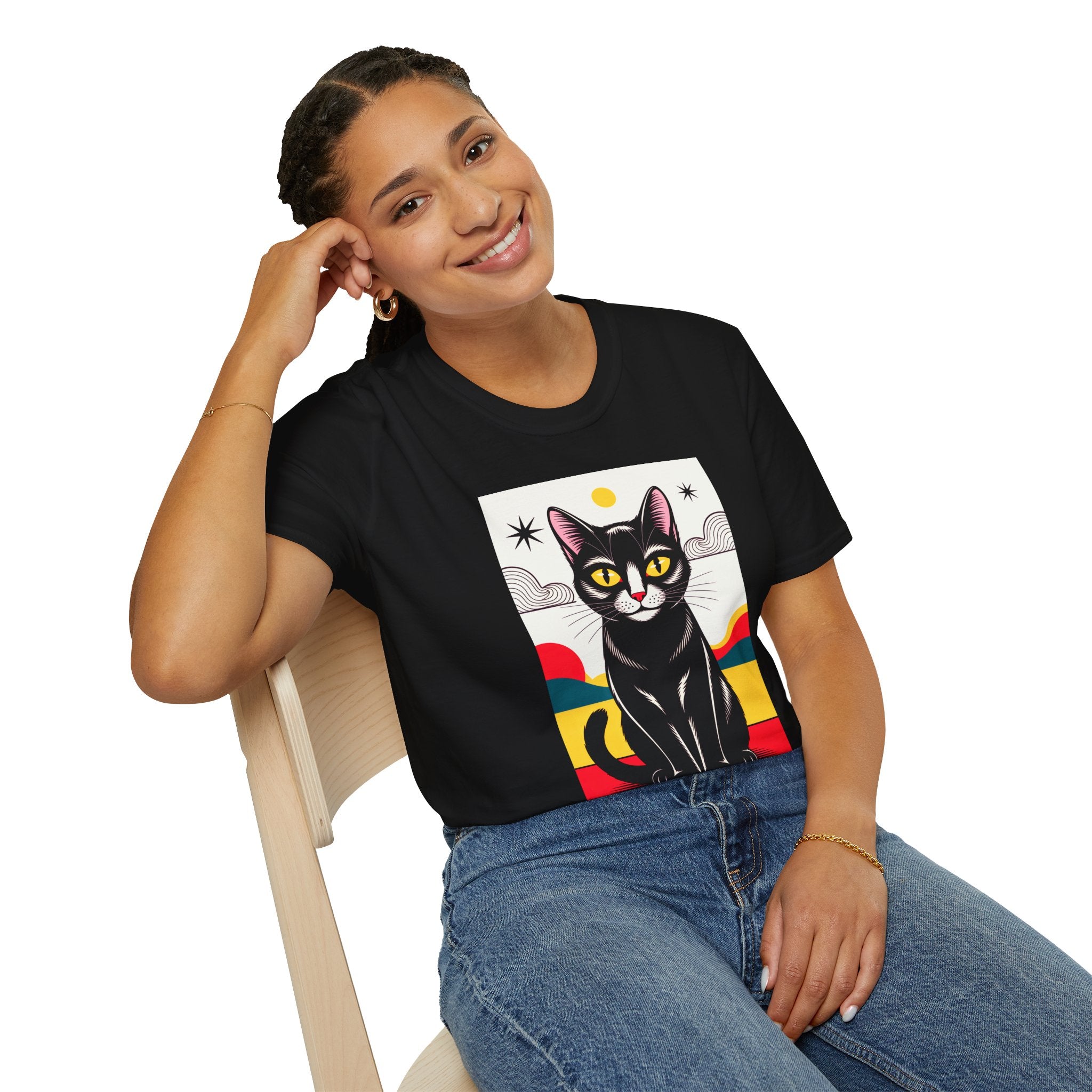 Black Cat Graphic T-Shirt — Retro Sunset Cat Illustration