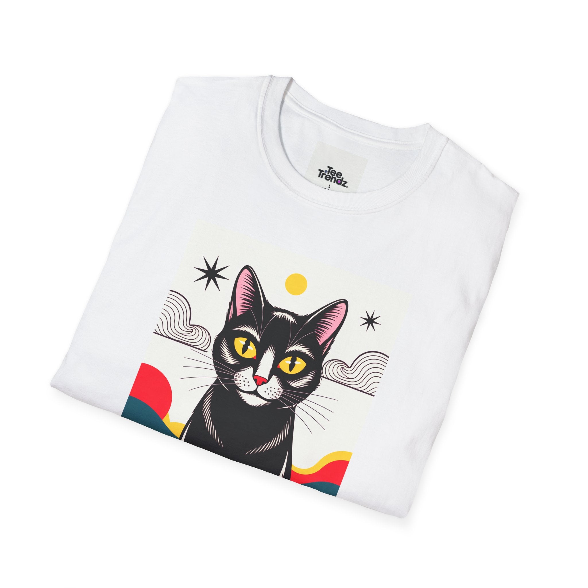 Black Cat Graphic T-Shirt — Retro Sunset Cat Illustration
