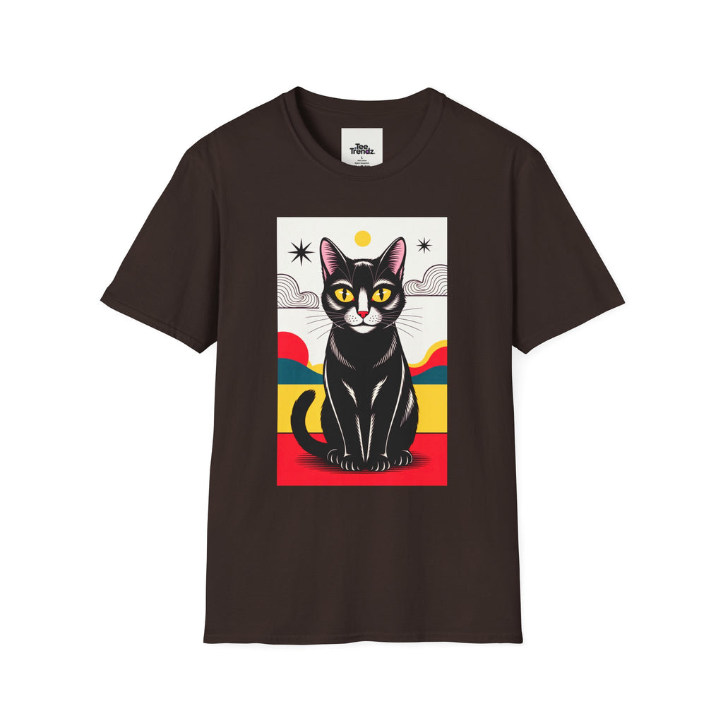 Black Cat Graphic T-Shirt — Retro Sunset Cat Illustration