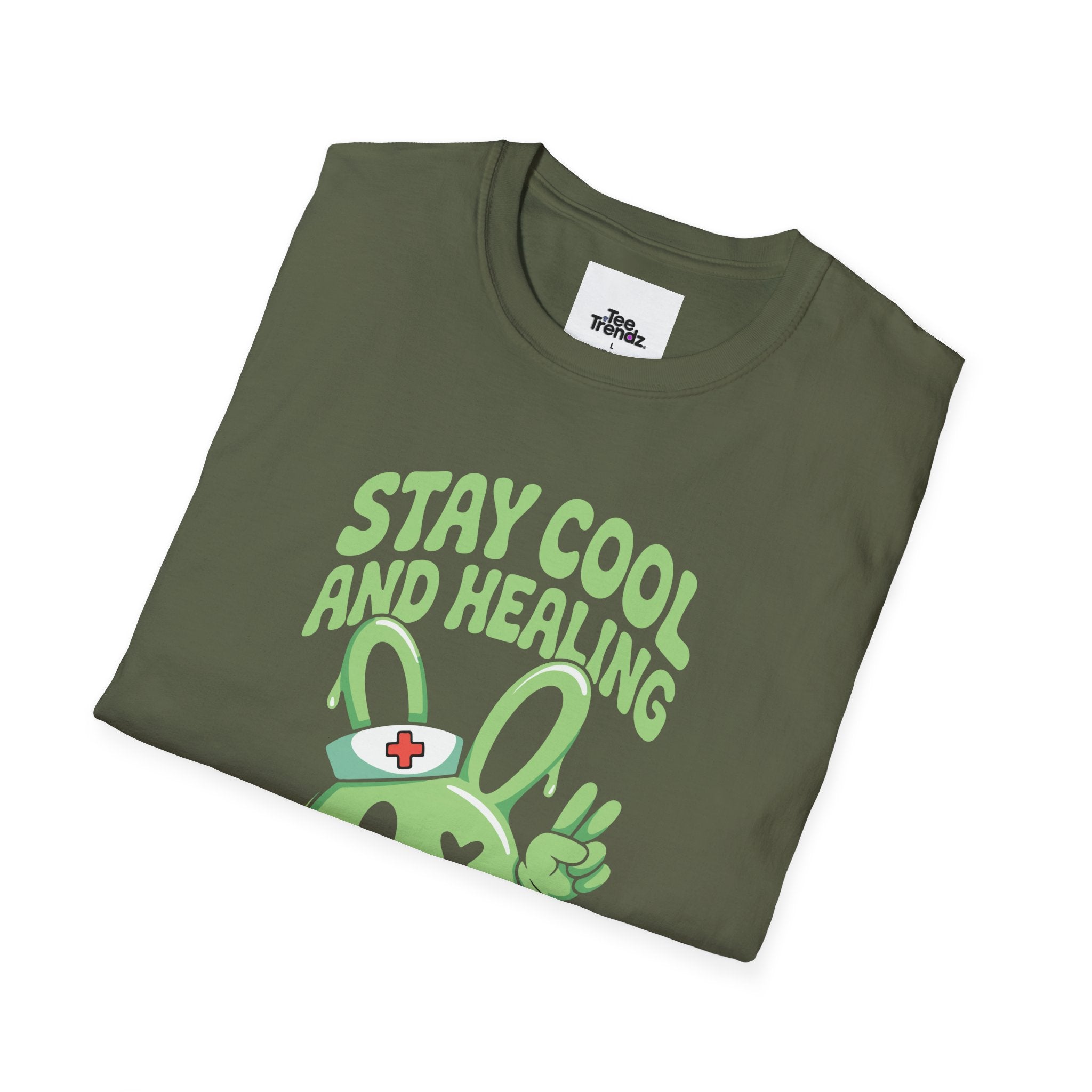 Stay Cool and Healing Graphic T-Shirt — Cute Green Bunny Peace Tee