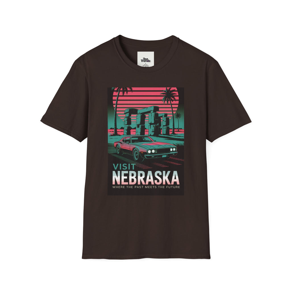 Visit Nebraska Retro T-Shirt — Neon Vintage Roadtrip Poster Design