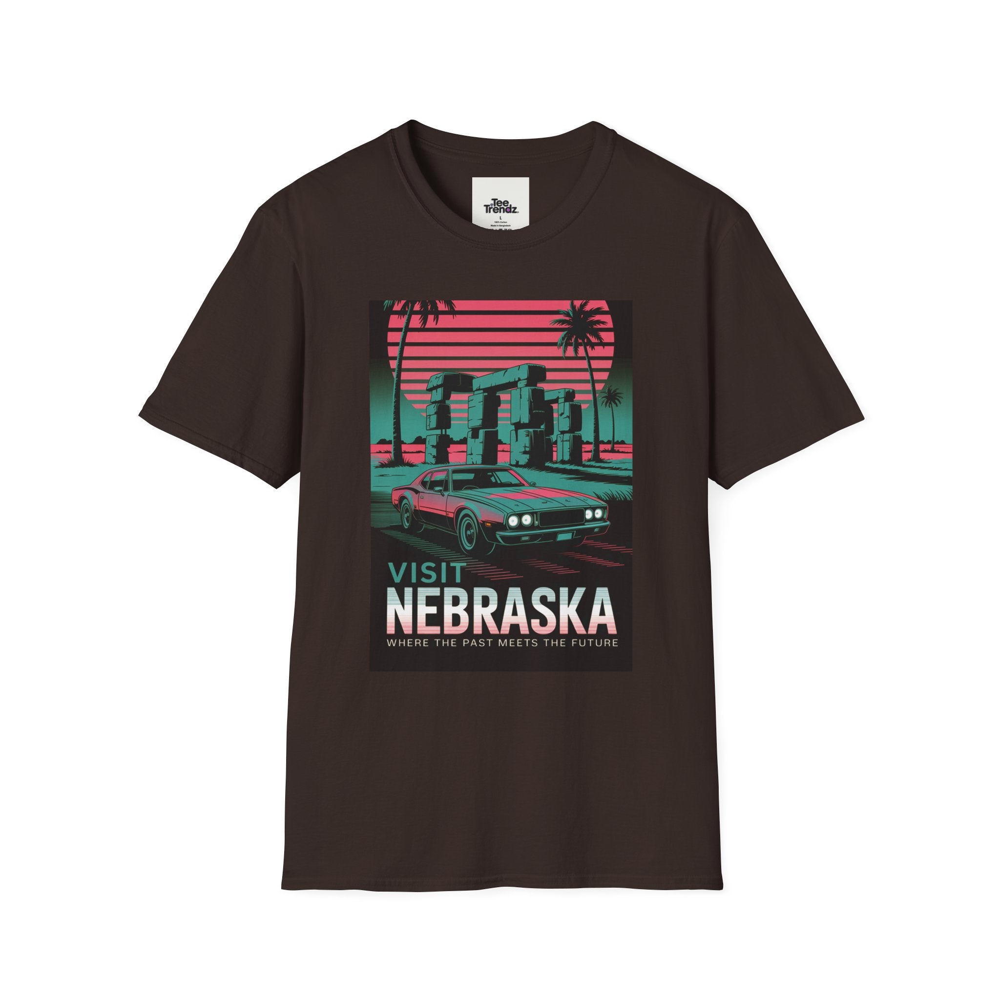 Visit Nebraska Retro T-Shirt — Neon Vintage Roadtrip Poster Design