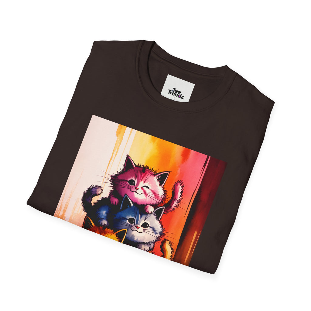 Colorful Stacked Cats T-Shirt — Playful Cute Cat Art Tee