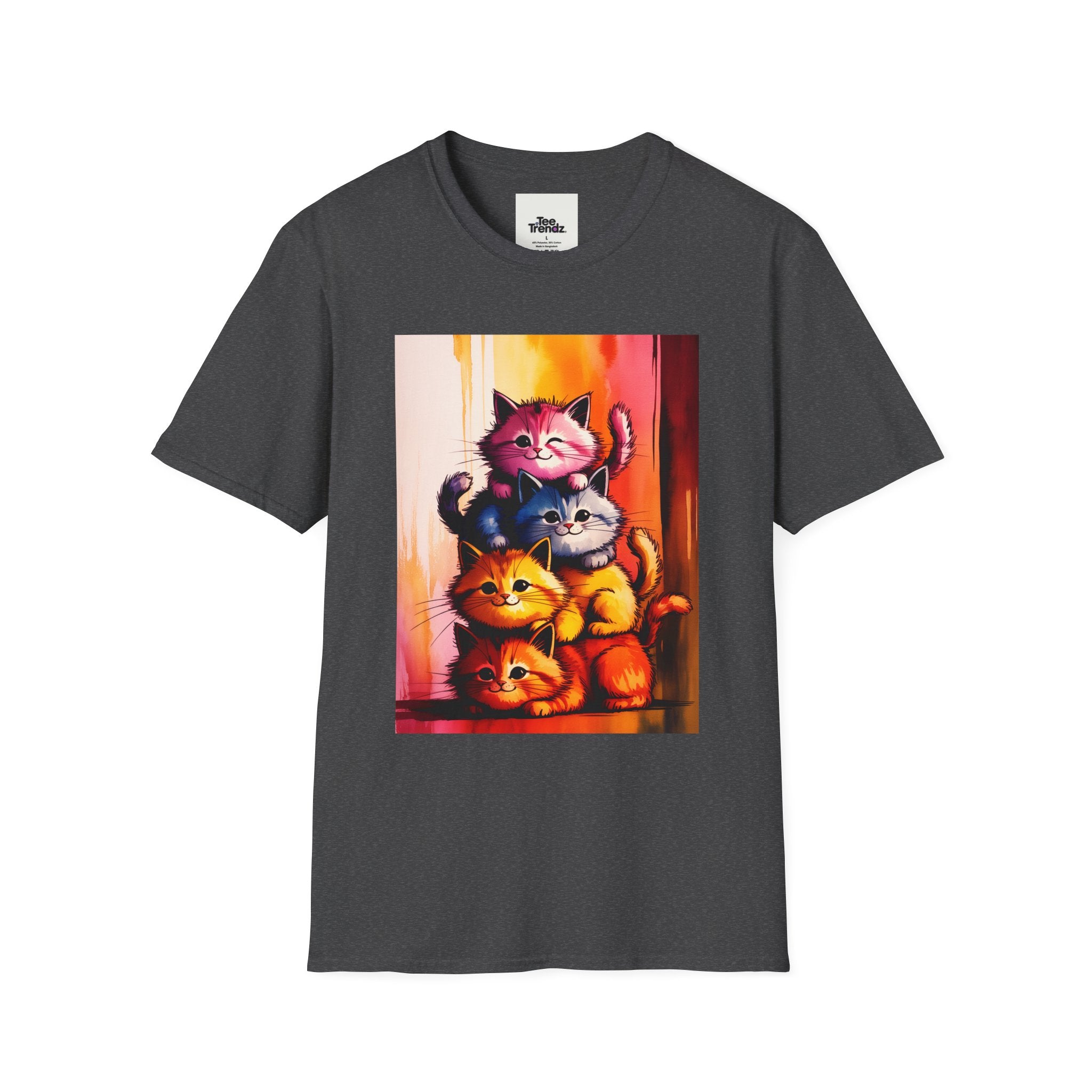 Colorful Stacked Cats T-Shirt — Playful Cute Cat Art Tee