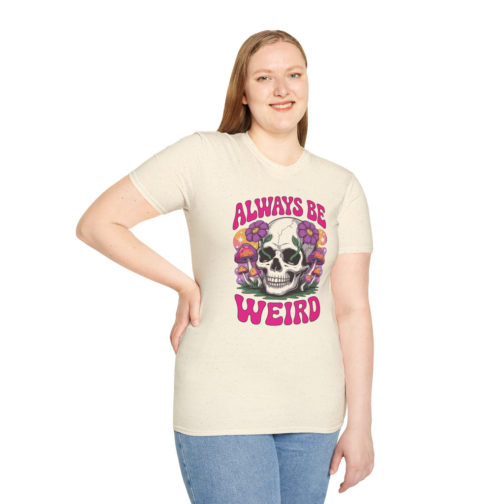 Skull & Mushrooms T-Shirt — "Always Be Weird" Retro Graphic Tee