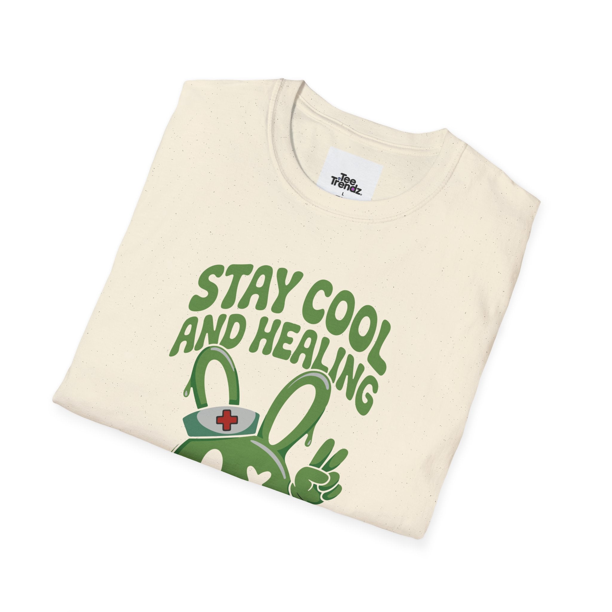 Stay Cool and Healing Graphic T-Shirt — Cute Green Bunny Peace Tee