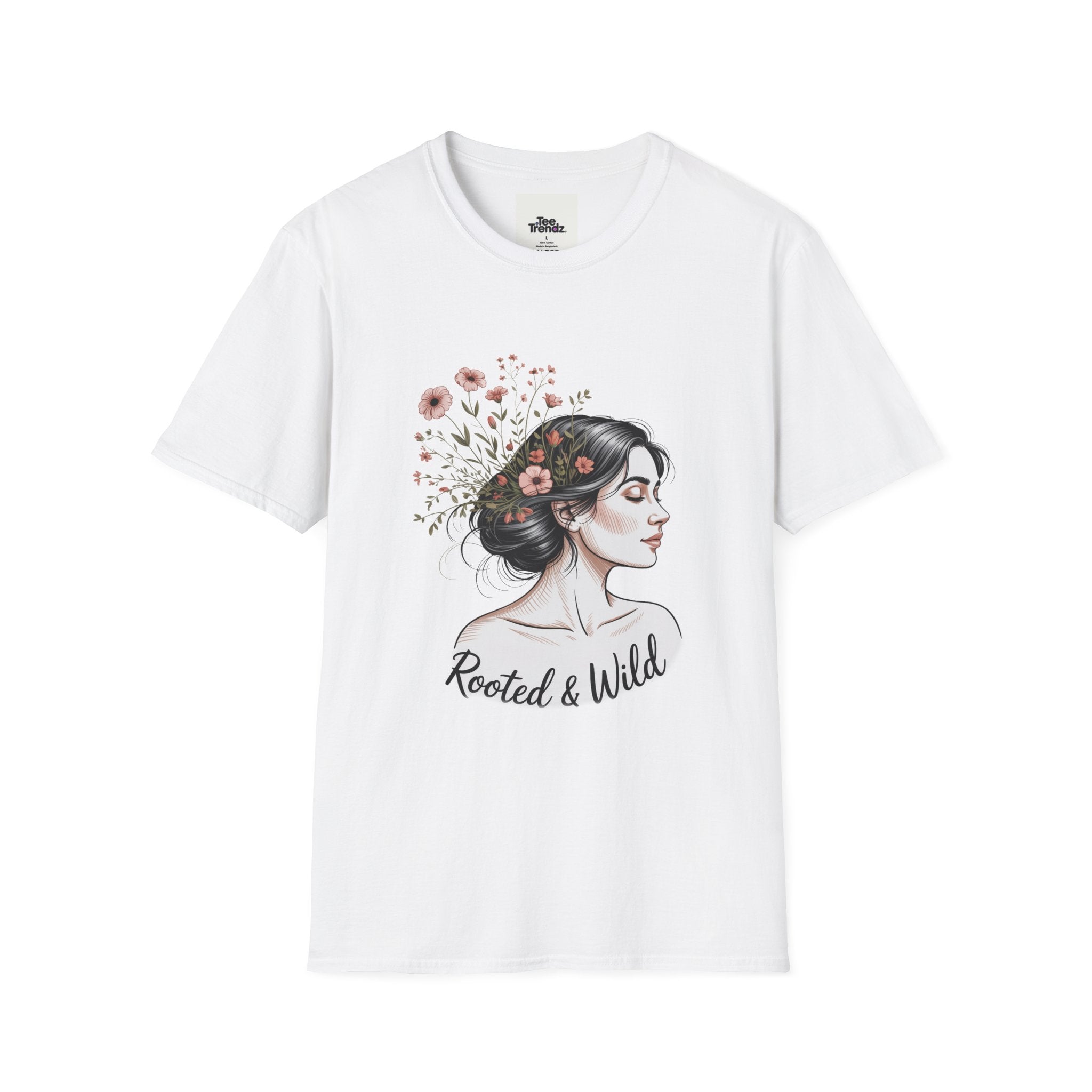 T-Shirt — "Rooted & Wild" Floral Woman Illustration | Boho Nature Tee for Women