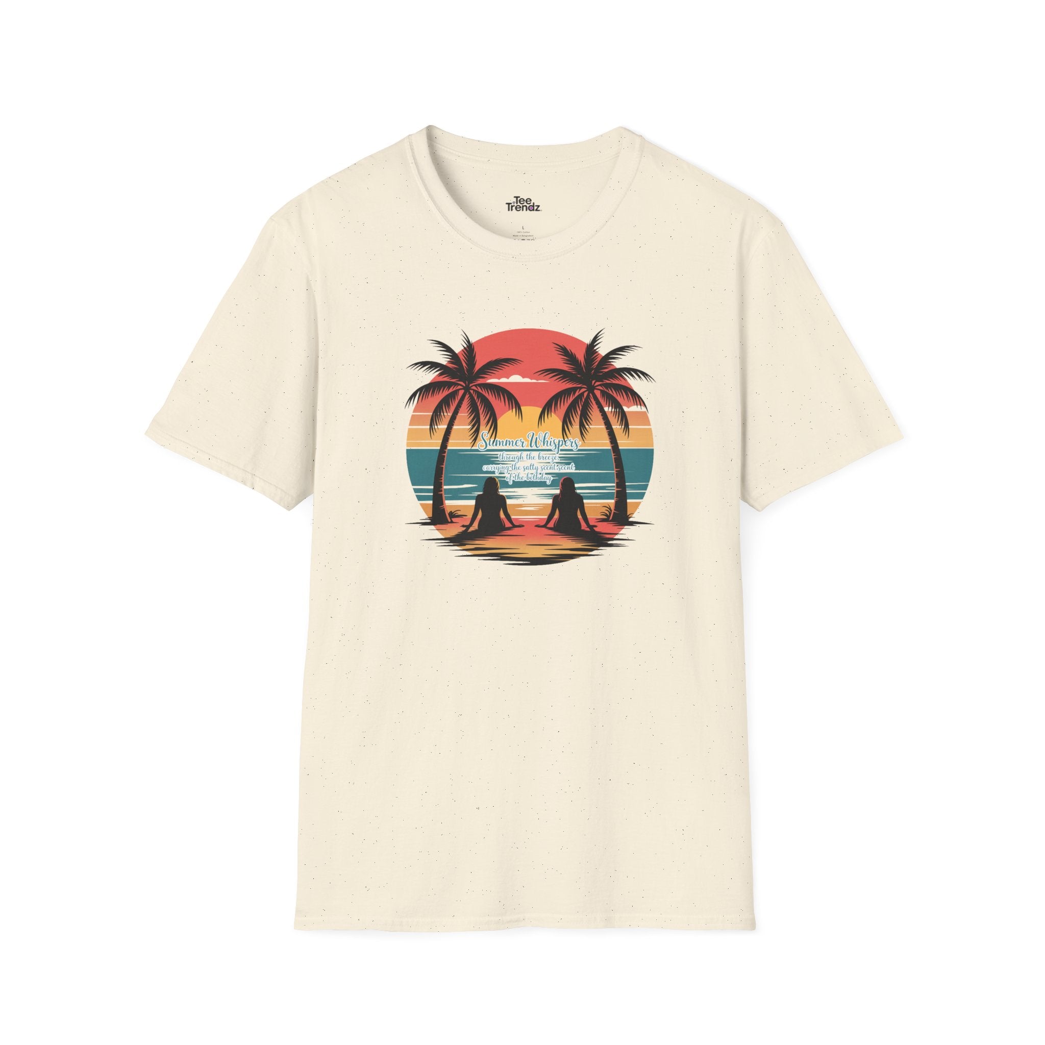 Beach Sunset T-Shirt — Couples Silhouette Palm Tree Graphic Tee (Vintage Rainbow Stripes)