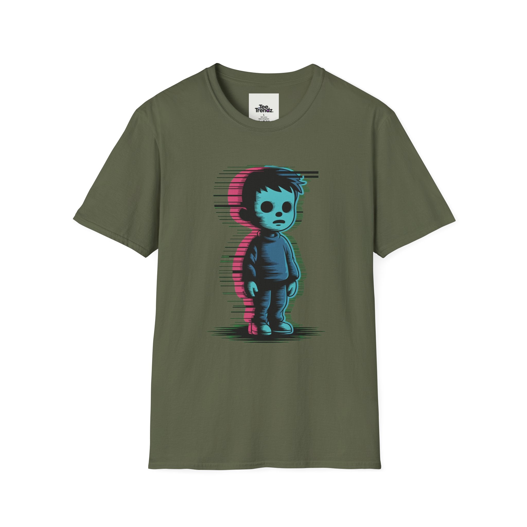 Glitch Kid Graphic T-Shirt — Retro Neon Horror Cute Tee