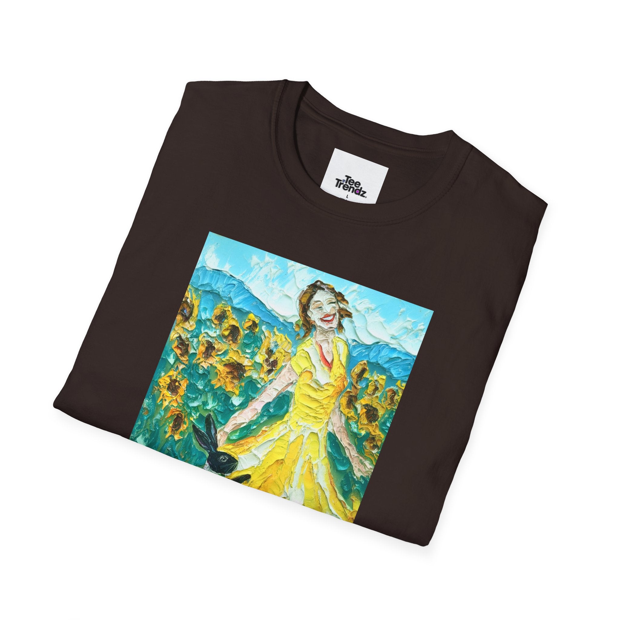 Sunflower Field Dress T-Shirt — Whimsical Girl & Dog Art Tee