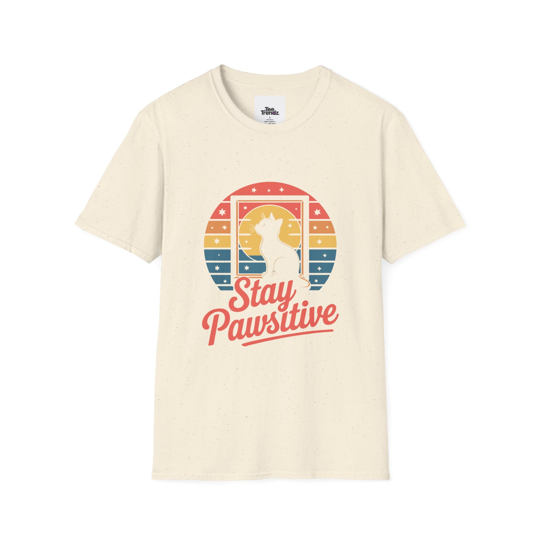 Stay Pawsitive Cat T-Shirt — Retro Rainbow Cat Graphic Tee