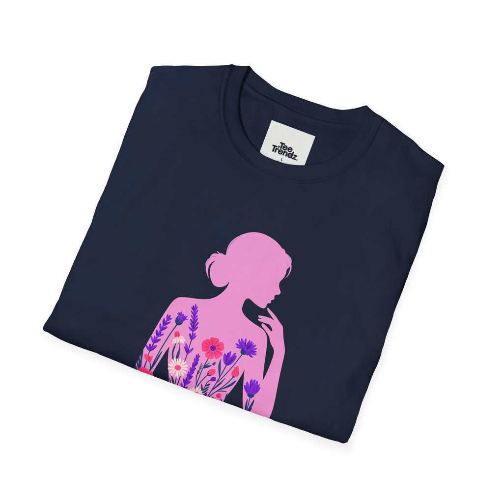Floral Silhouette Tee — Pink Woman Dress Flower Graphic T-Shirt