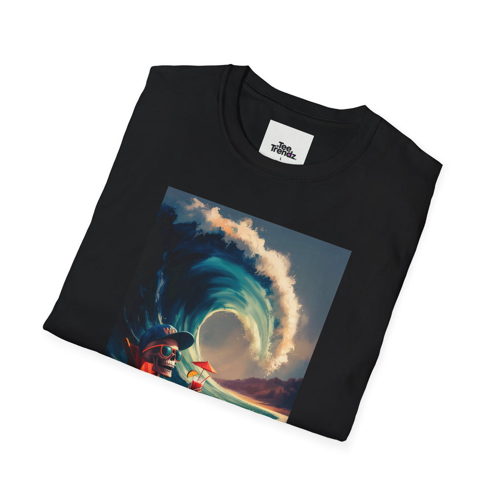 T-Shirt - Retro Beach Surf Scene with Giant Wave and Relaxing Skeleton (Vintage Coastal Vibe)