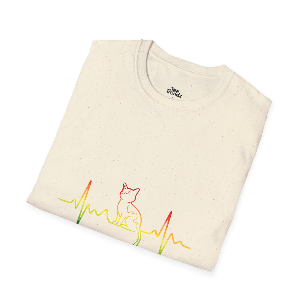 Cat Heartbeat T-Shirt — Rasta Outline Cat EKG Tee