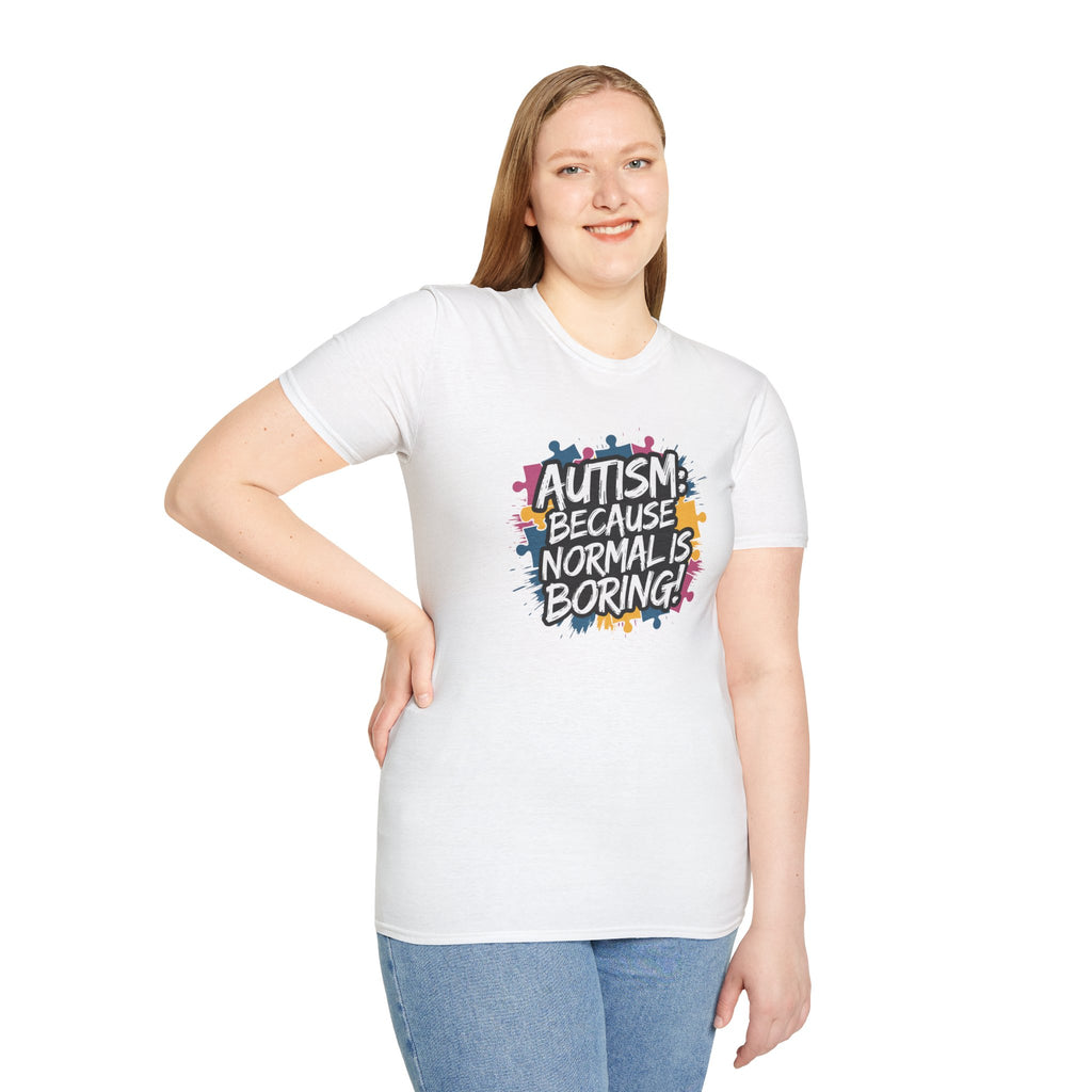 Autism Because Normal Is Boring T-Shirt — Colorful Puzzle Piece Awareness Tee