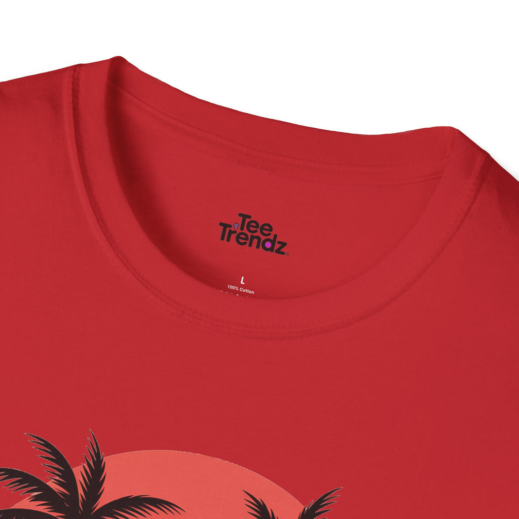 Beach Sunset T-Shirt — Couples Silhouette Palm Tree Graphic Tee (Vintage Rainbow Stripes)