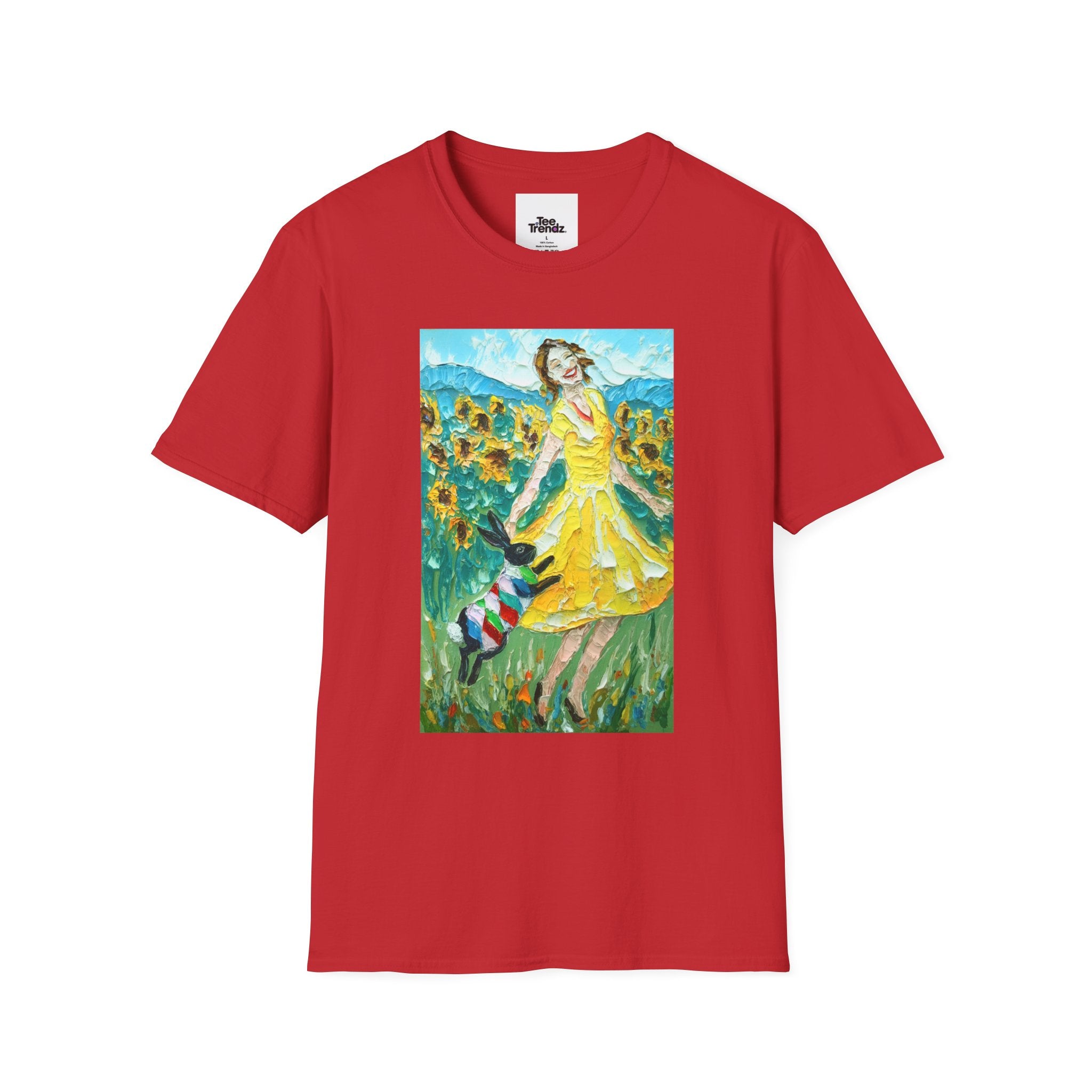 Sunflower Field Dress T-Shirt — Whimsical Girl & Dog Art Tee