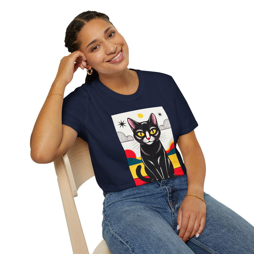 Black Cat Graphic T-Shirt — Retro Sunset Cat Illustration