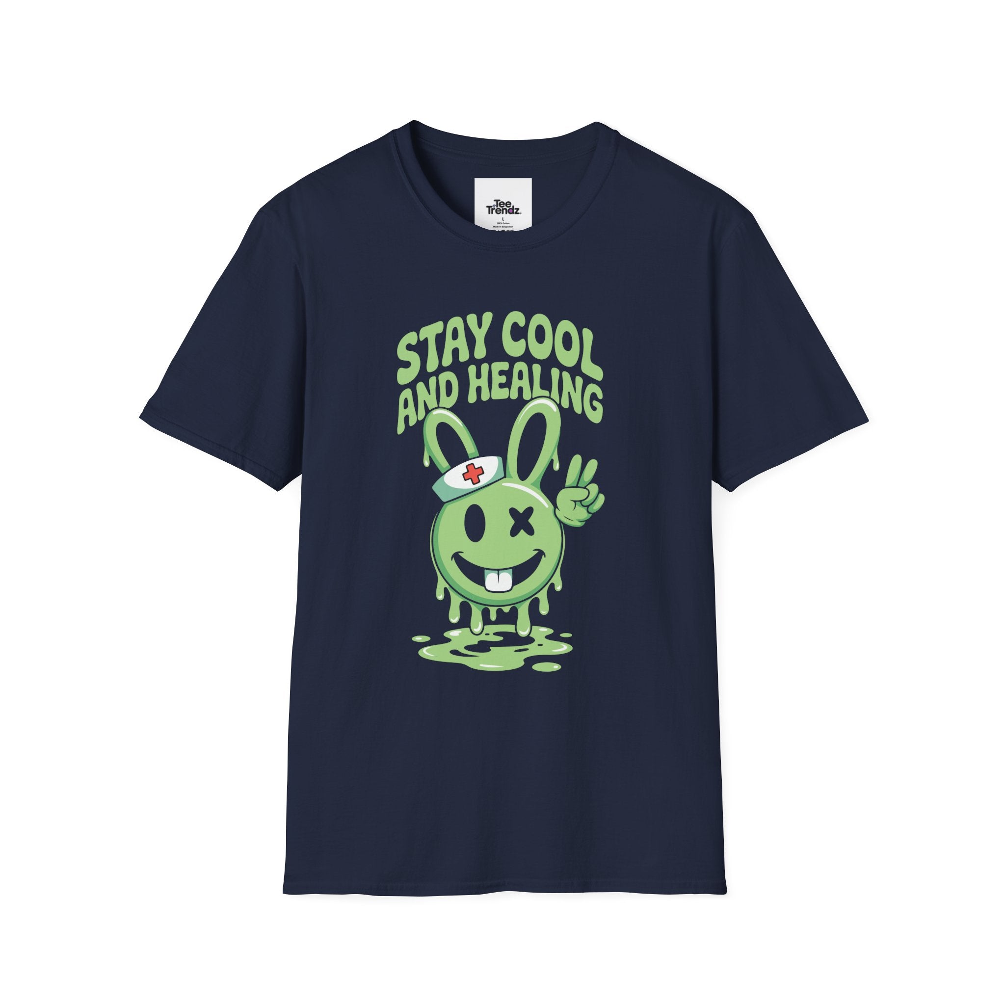 Stay Cool and Healing Graphic T-Shirt — Cute Green Bunny Peace Tee