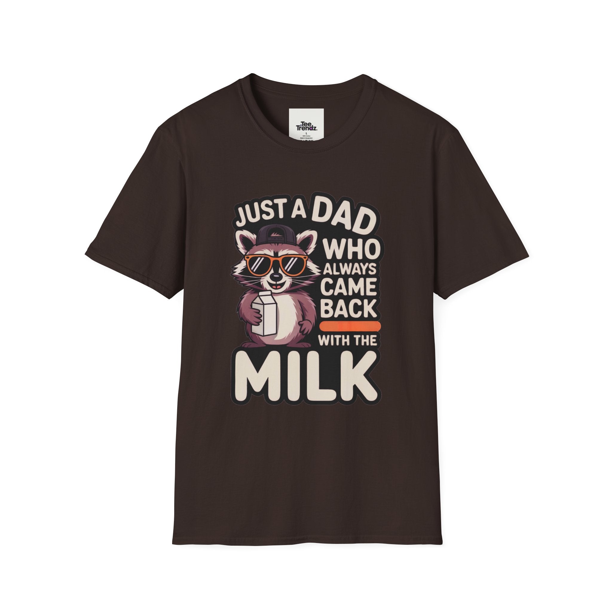 Dad T-Shirt — “Just a Dad Who Always Came Back With the Milk” Vintage Raccoon Design