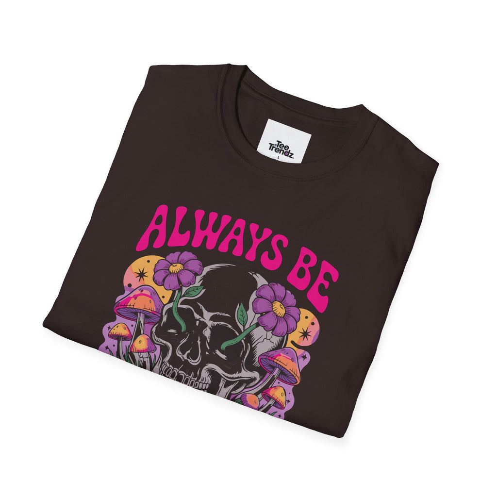 Skull & Mushrooms T-Shirt — "Always Be Weird" Retro Graphic Tee