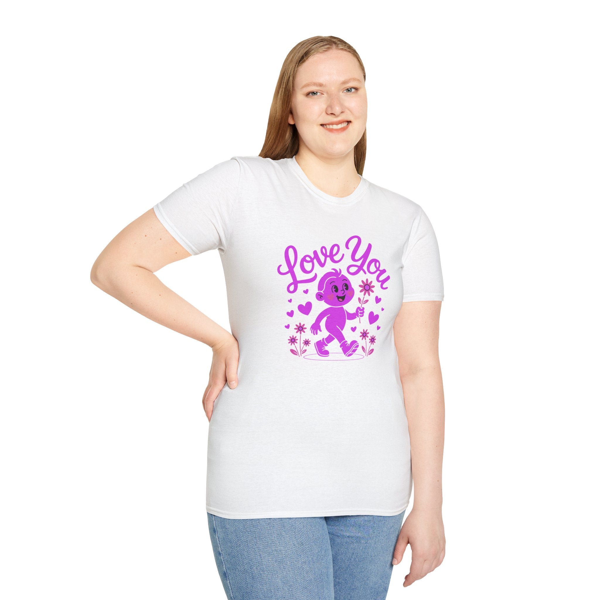 Love You Cute Character T-Shirt — Retro Pink Heart Cartoon Graphic Tee for Valentine’s Day