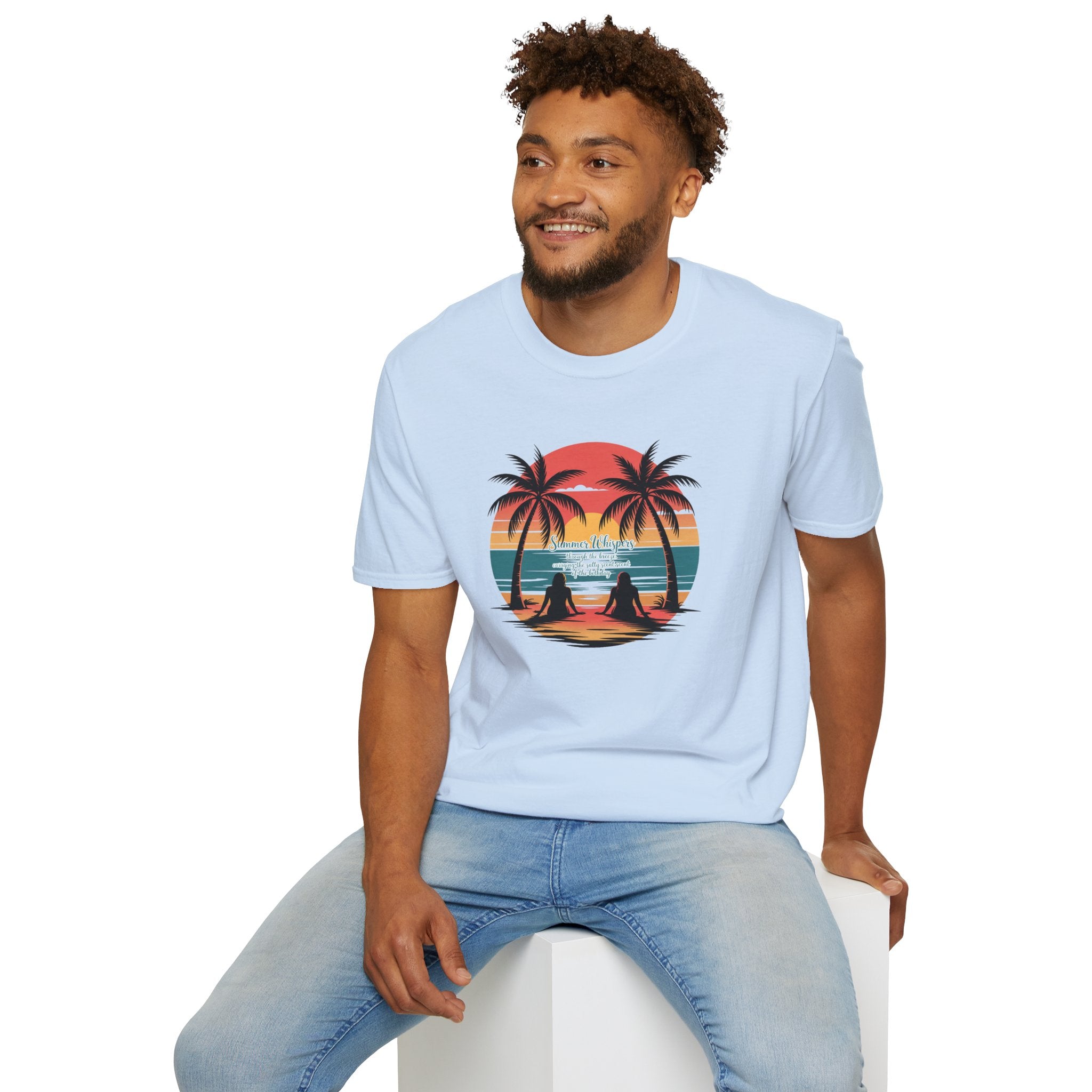 Beach Sunset T-Shirt — Couples Silhouette Palm Tree Graphic Tee (Vintage Rainbow Stripes)