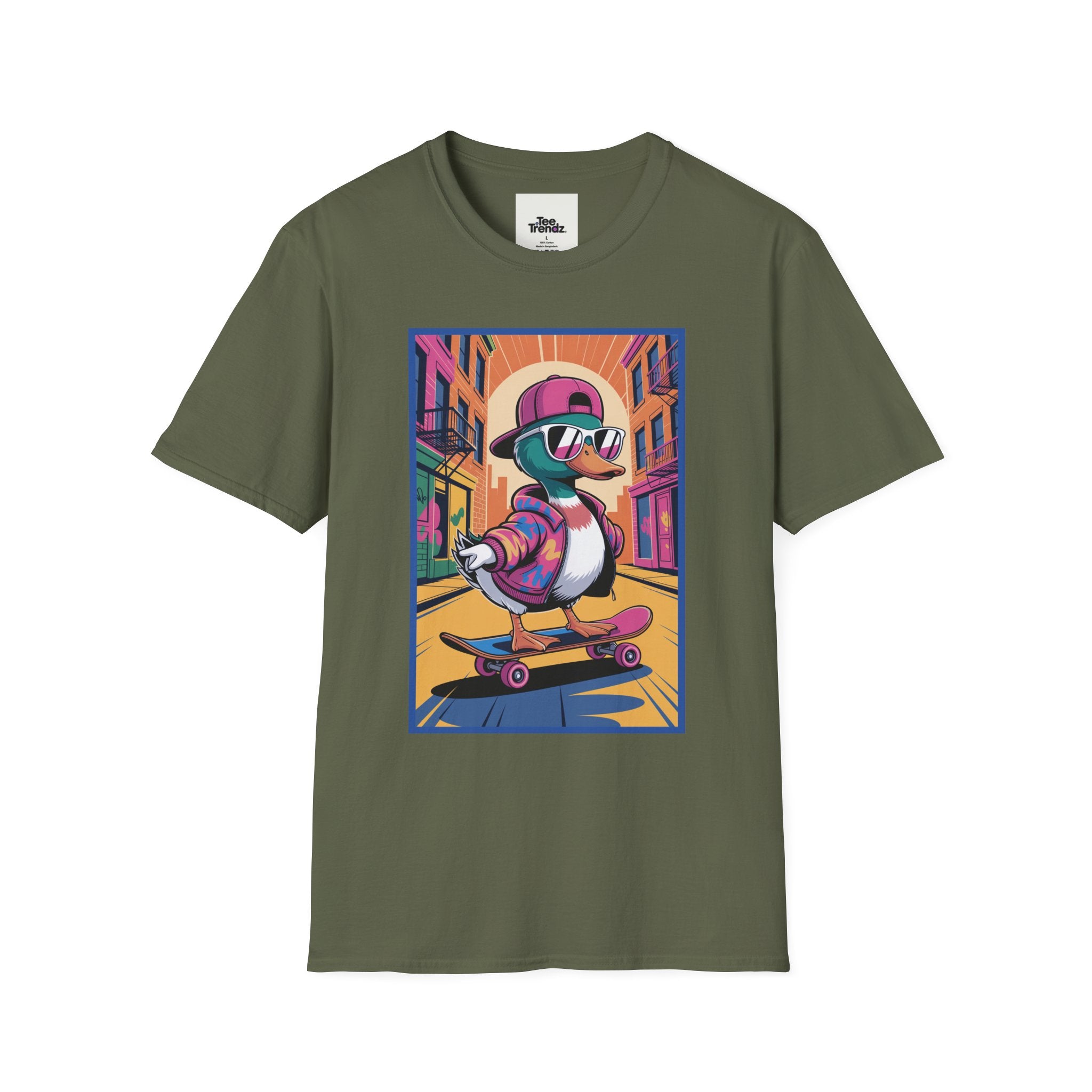 Skateboard Duck Graphic T-Shirt — Retro Streetwear Skateboarder Design