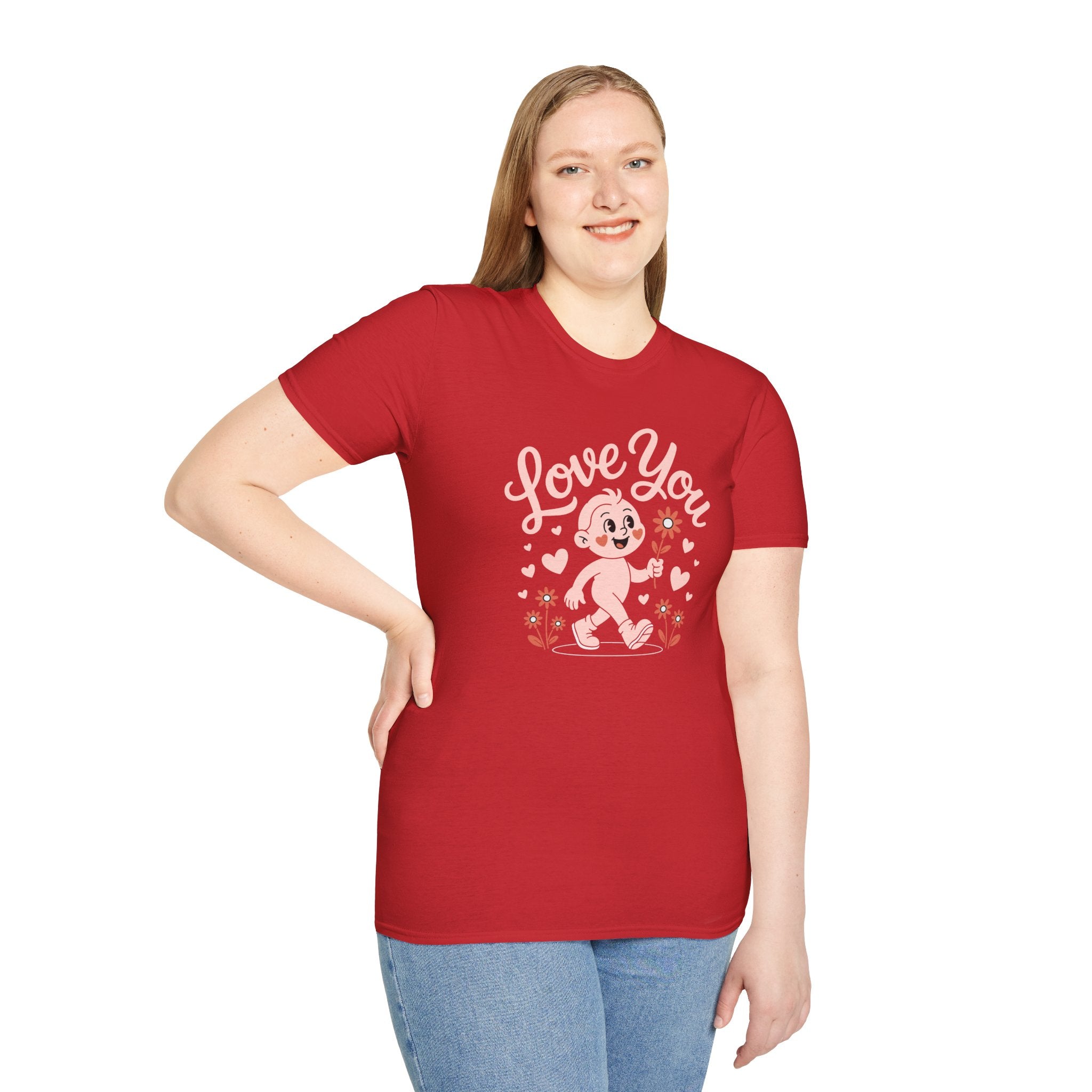 Love You Cute Character T-Shirt — Retro Pink Heart Cartoon Graphic Tee for Valentine’s Day