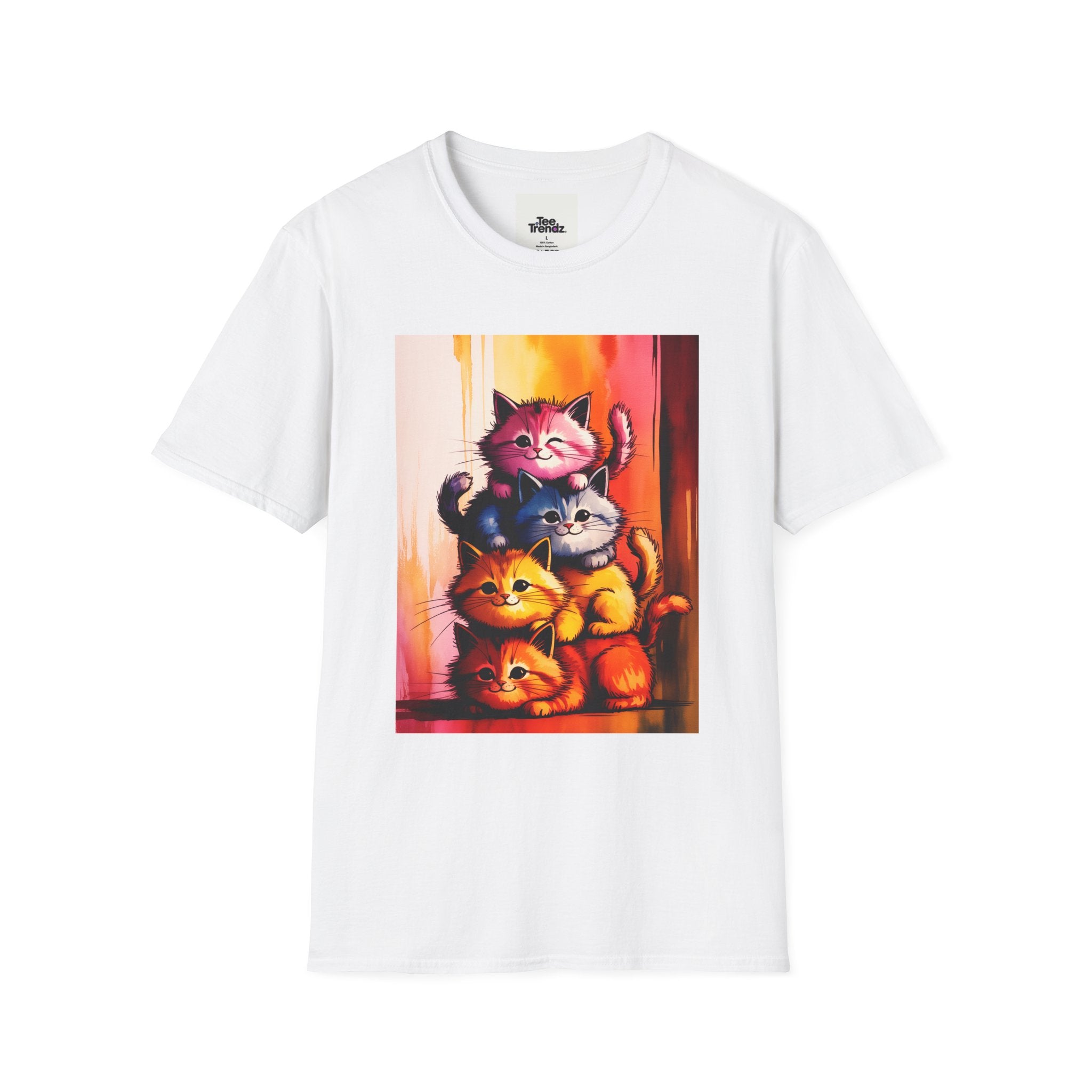 Colorful Stacked Cats T-Shirt — Playful Cute Cat Art Tee