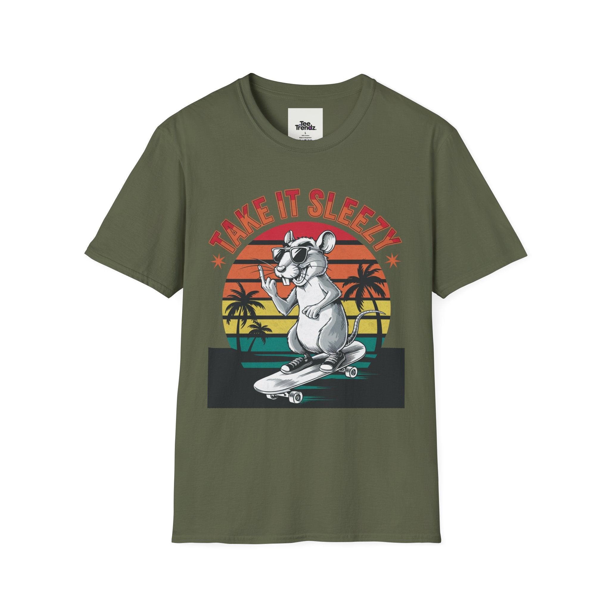 Take It Sleazy Skateboard Rat T-Shirt — Retro Sunset Beach Graphic Tee