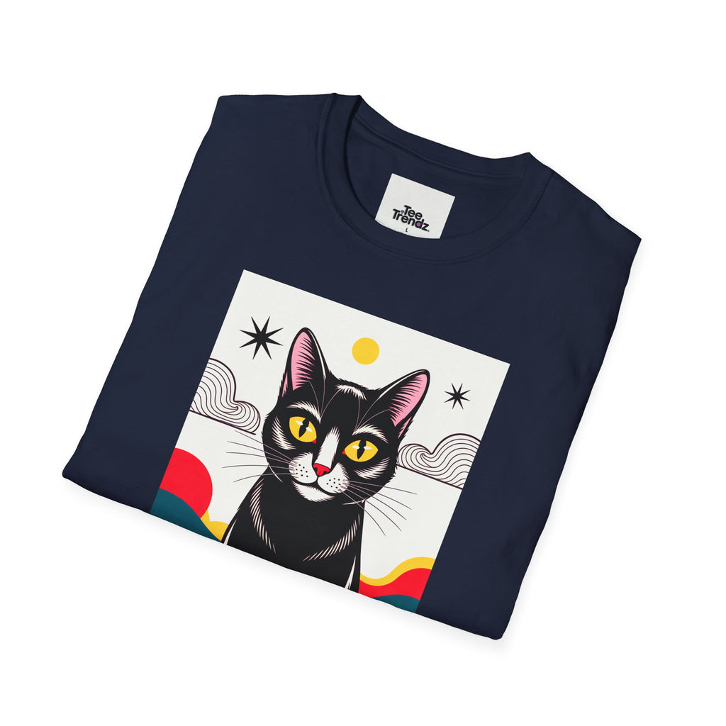 Black Cat Graphic T-Shirt — Retro Sunset Cat Illustration
