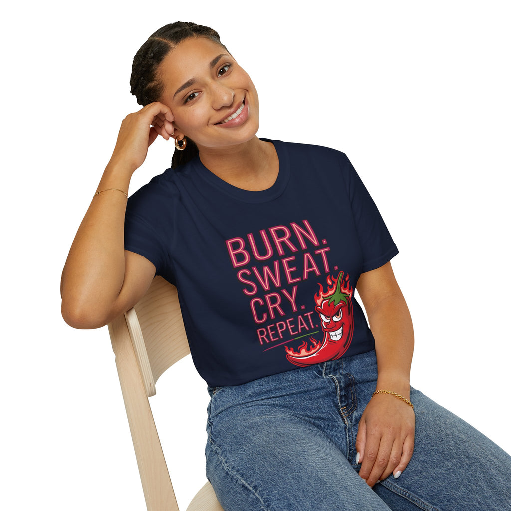 Burn. Sweat. Cry. Repeat. T-Shirt — Spicy Fitness Motivation Tee