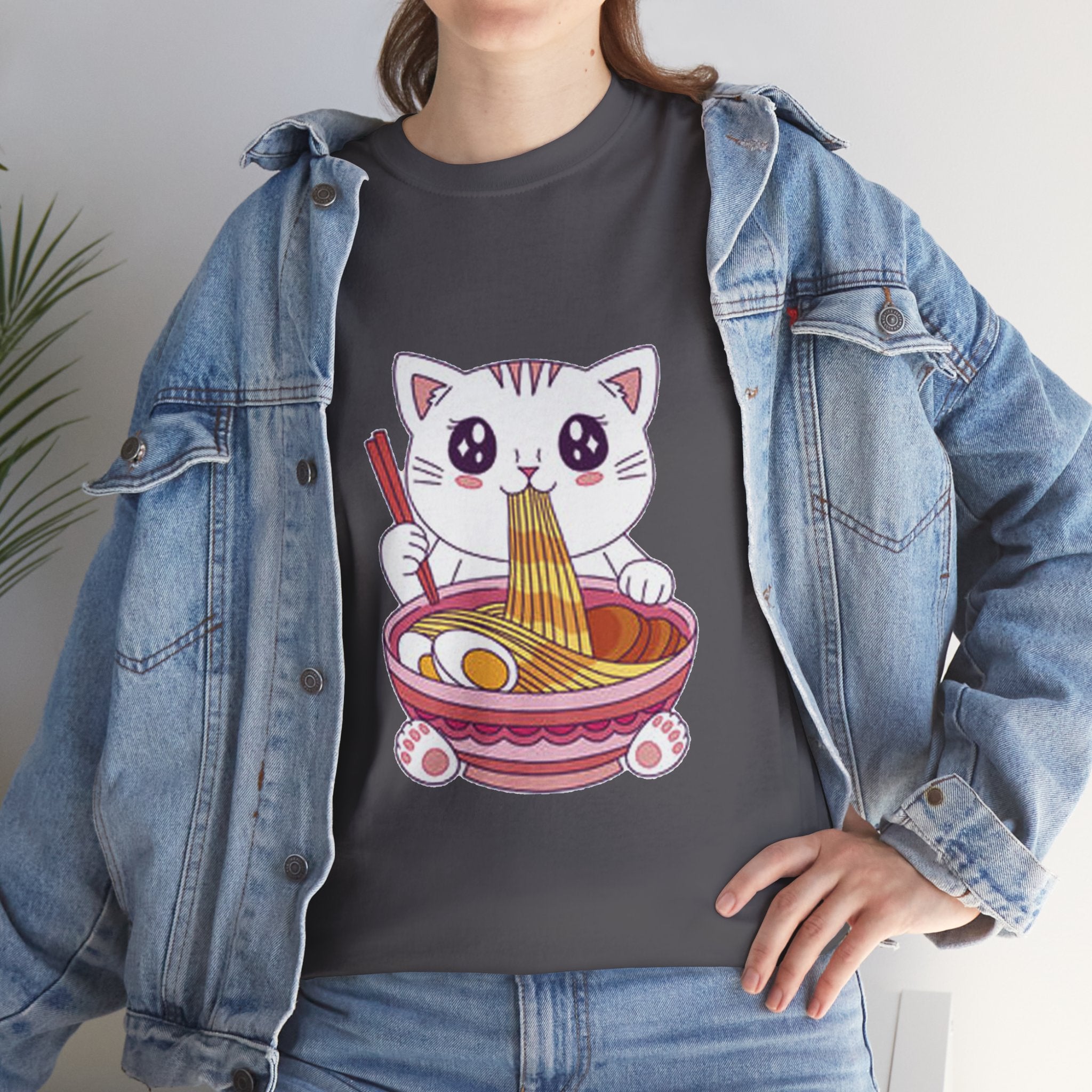 Cute Cat Ramen Tee – Kawaii Kitty Eating Noodles Graphic Shirt