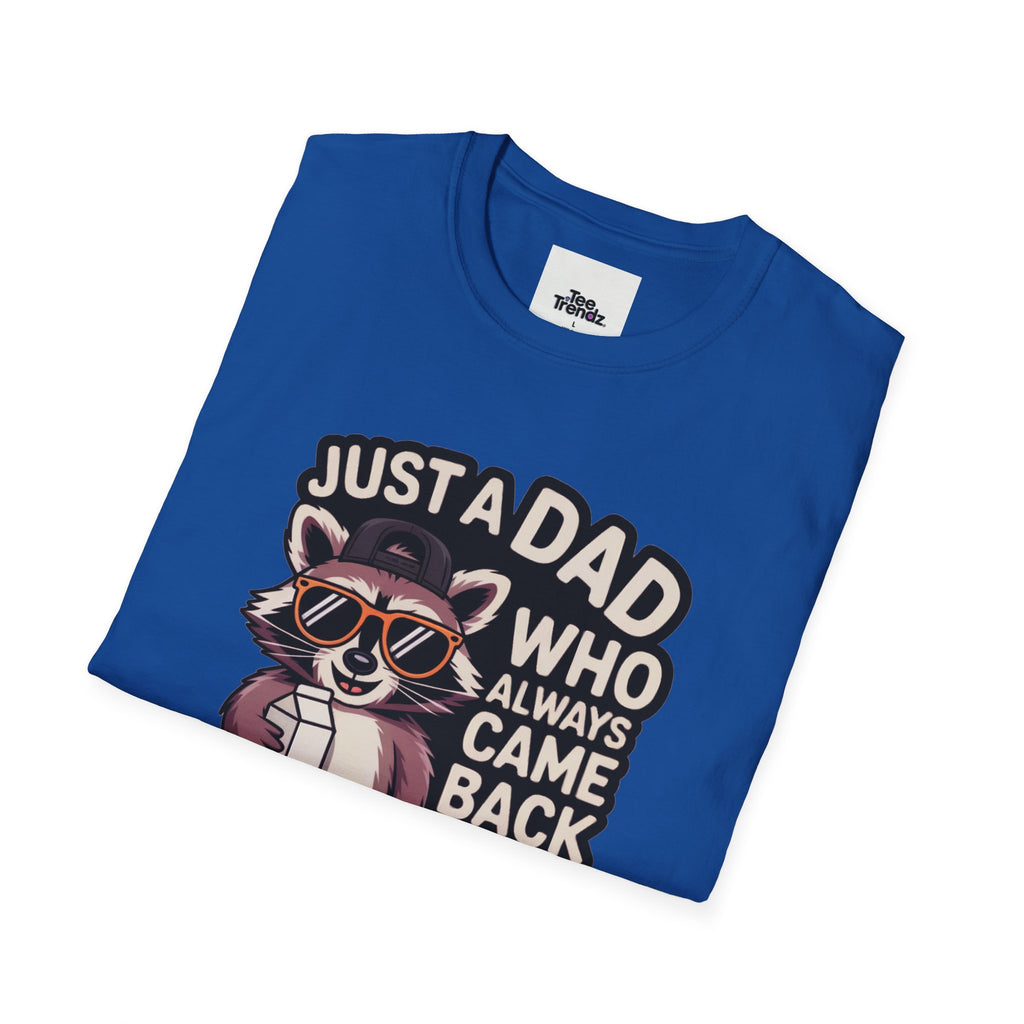 Dad T-Shirt — “Just a Dad Who Always Came Back With the Milk” Vintage Raccoon Design
