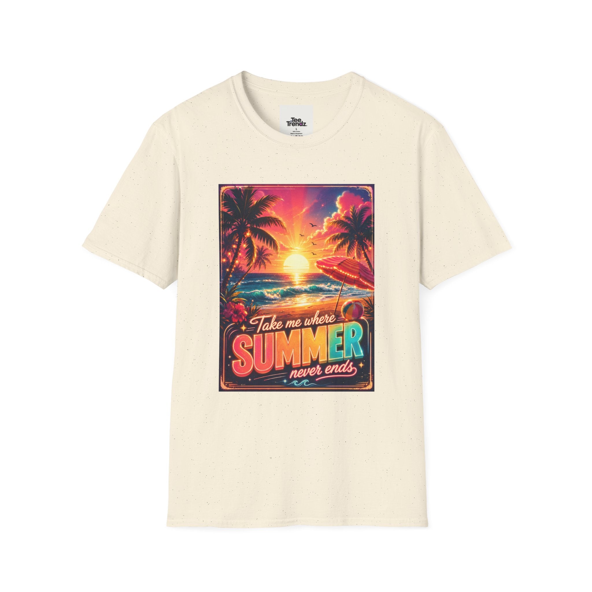 Summer Never Ends T-Shirt — Retro Tropical Sunset Beach Tee