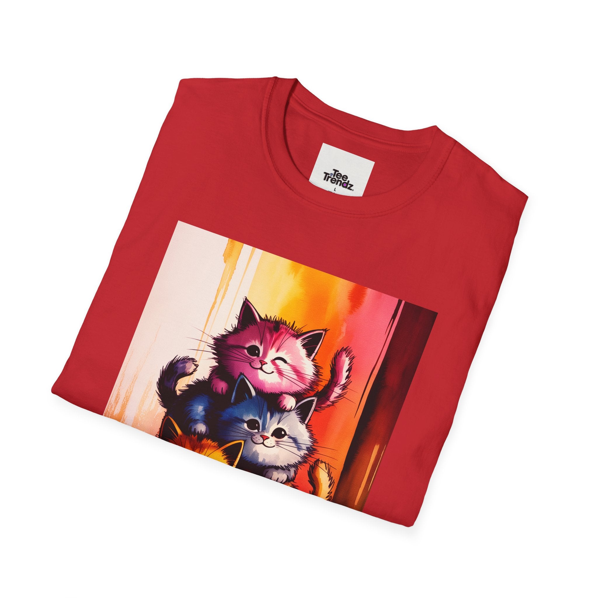 Colorful Stacked Cats T-Shirt — Playful Cute Cat Art Tee